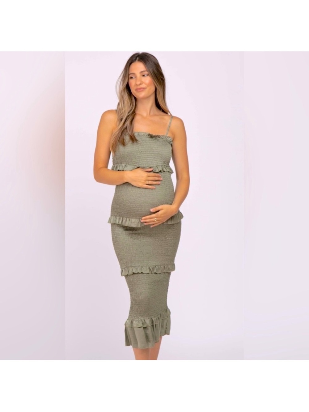 Mable Sleeveless Esme Olive Smocked Tiered Ruffled Midi Sz M